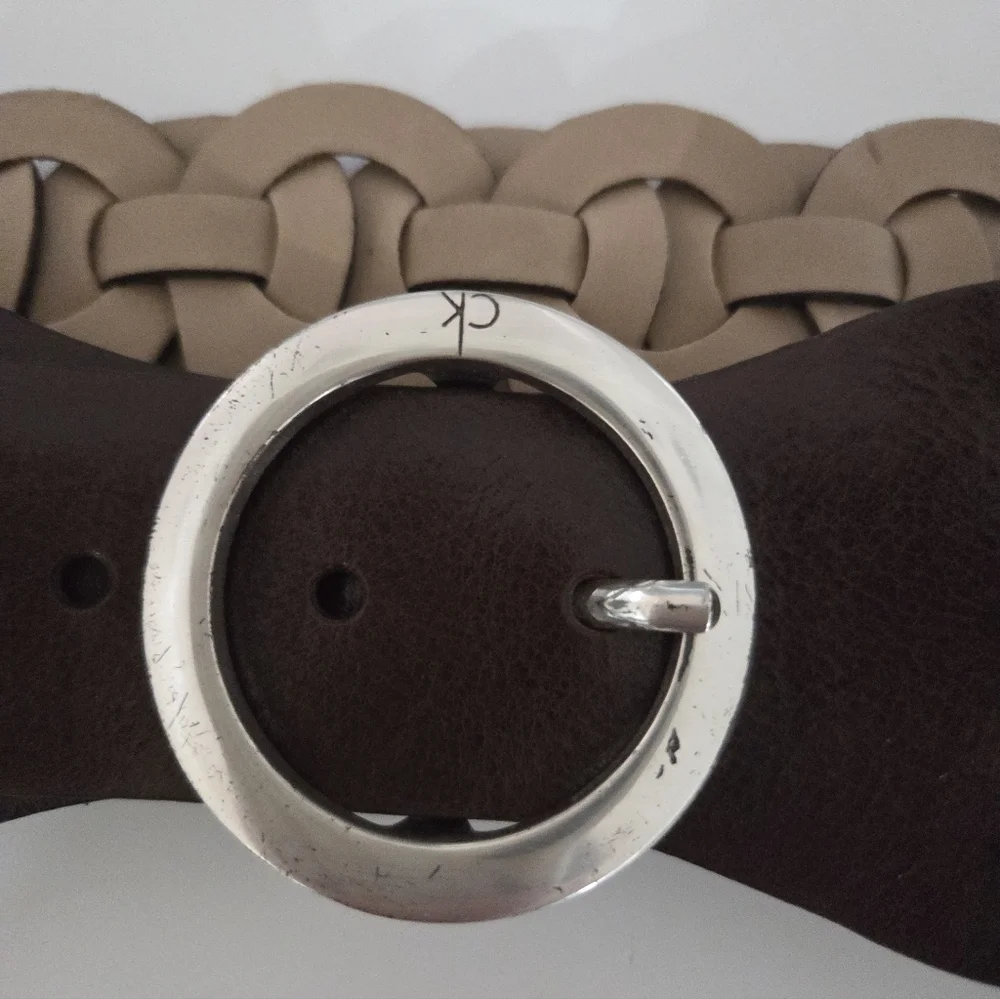 Calvin Klein Woven Wide Brown Leather Belt - Picture 5 of 6